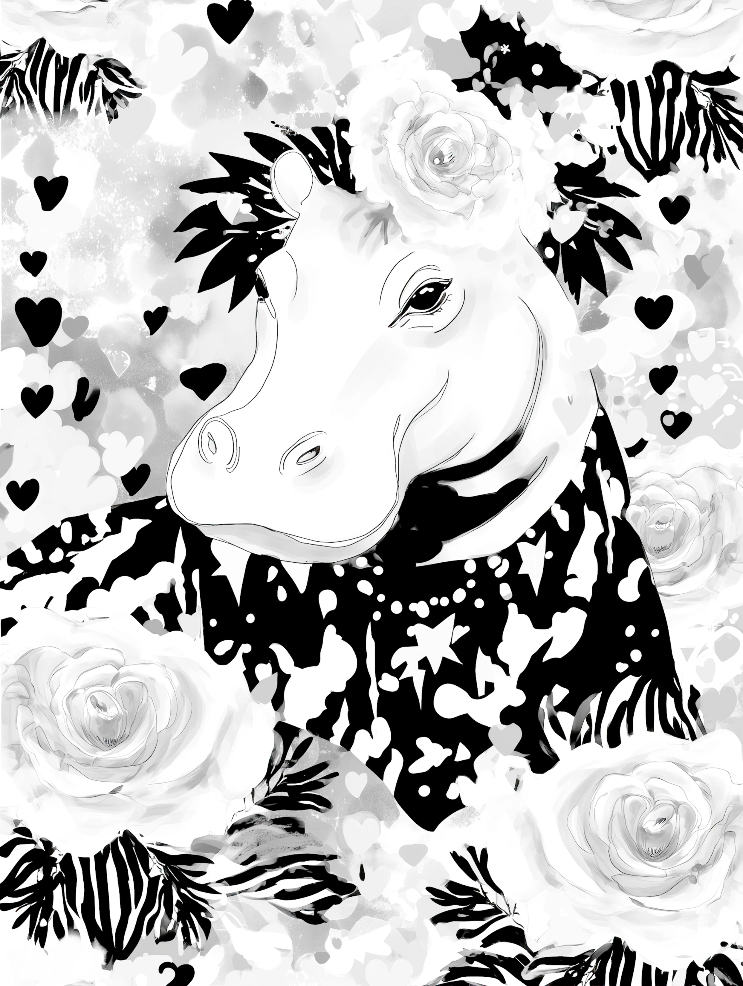 Free printable hippo coloring page featuring white hippo black outfit